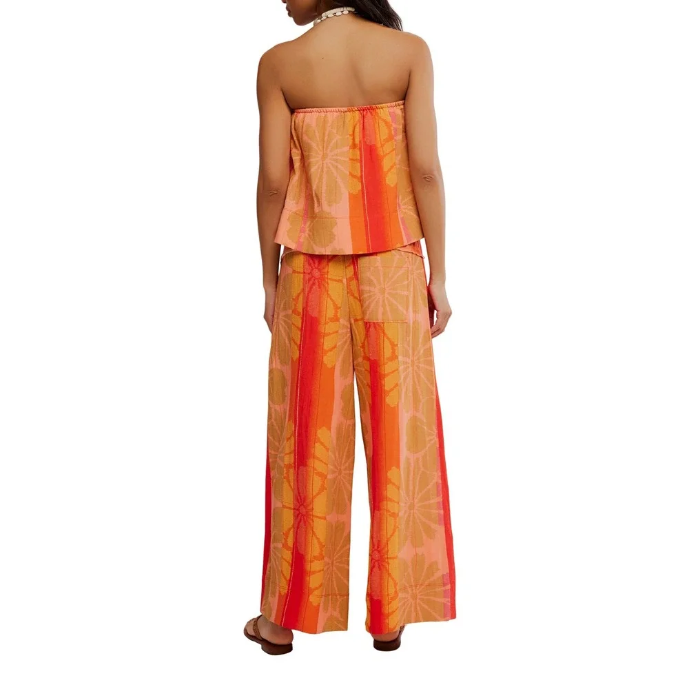 Free People Sunset Floral Wide Leg Pants Orange Red Cotton Linen Blend Medium